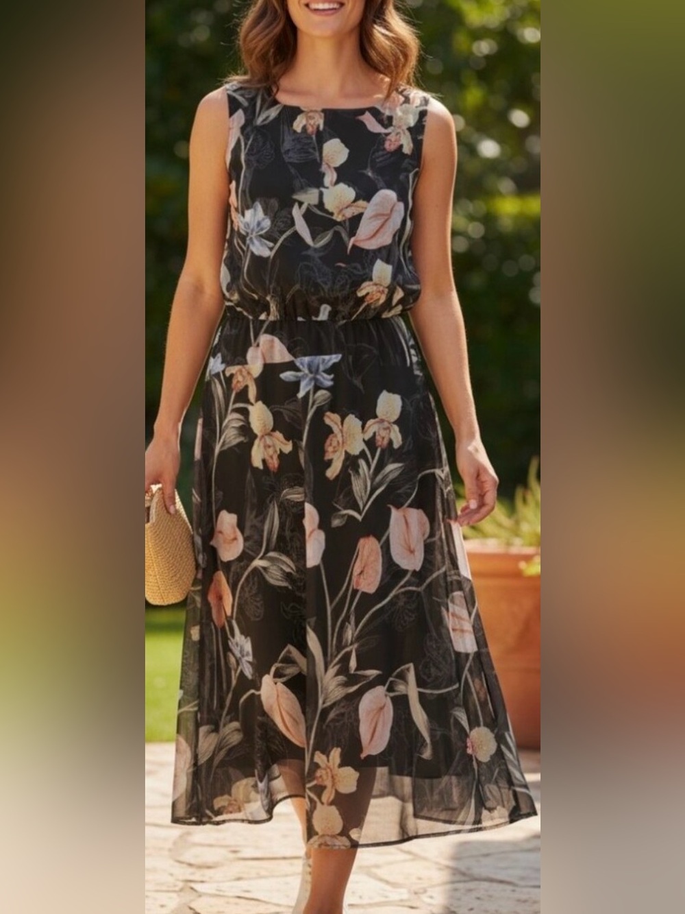 White House Black Market Dress Black With White & Peach Floral Print Size 14